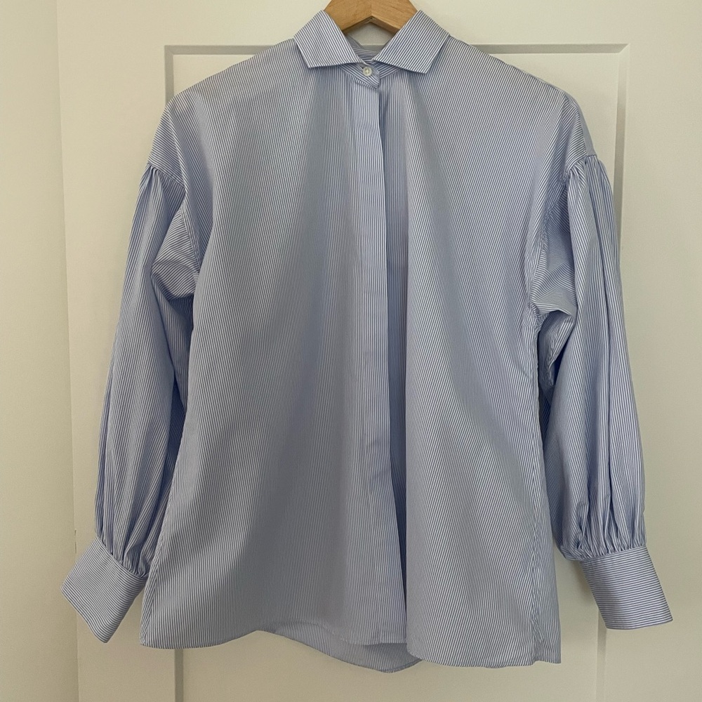 Ann Mashburn Blue & White Striped Cotton Blouse, Size M